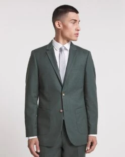 Green Linen Look Regular Fit Suit Jacket