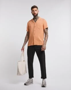 Short Sleeve Revere Collar Slub Shirt
