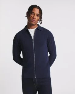 Navy Cotton Knitted Zip Through Shirt