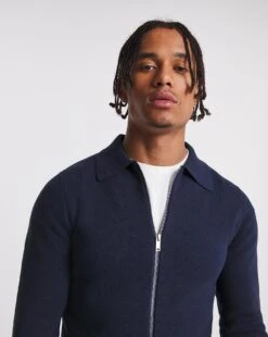 Navy Cotton Knitted Zip Through Shirt -Jacamo Shop x08ak661772w