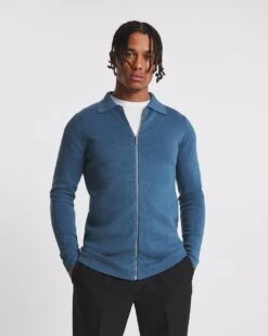Blue Cotton Knitted Zip Through Shirt -Jacamo Shop x08ak670771w