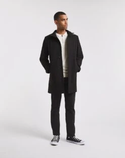 Black Faux Wool Funnel Neck Coat