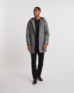 Grey Hooded Faux Wool Formal Coat