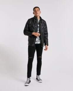 Black 4 Pocket Leather Jacket -Jacamo Shop x08rw488753w