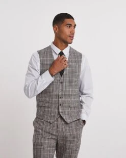 Beige Textured Check Reg Suit Waistcoat