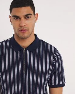 Zip Neck Vertical Stripe Polo Long -Jacamo Shop y08to296760w