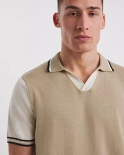 Knitted Stone Revere Collar Tipped Polo -Jacamo Shop y08yt926737w